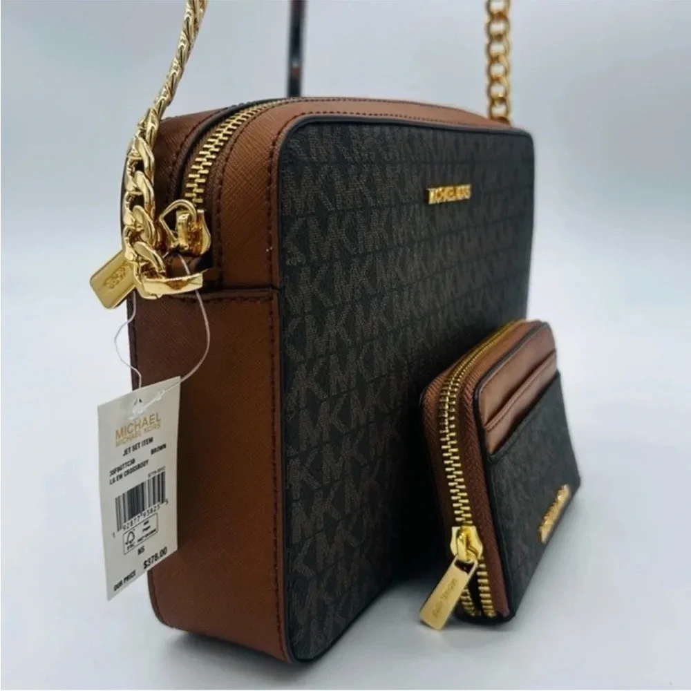 Michael Kors Large EW Crossbody Bag & Jet Set Travel ZA Card Case Wallet Brown - Picture 2 of 11